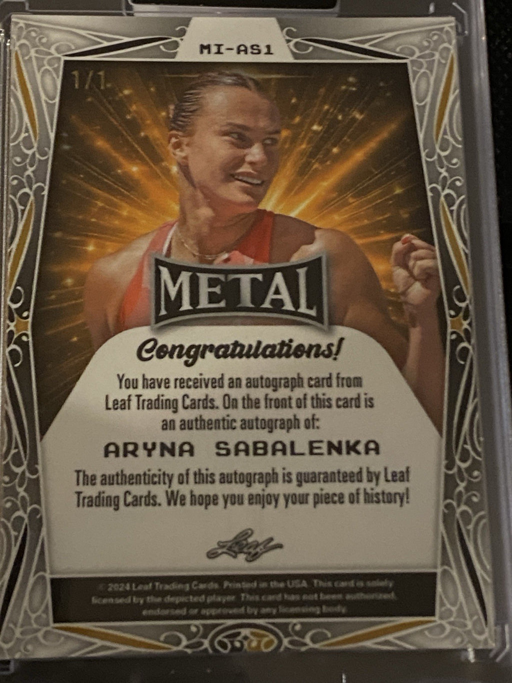 2025 LEAF Metal Authentics Aryna Sabalenka True Gold Prismatic On Card Auto 1/1