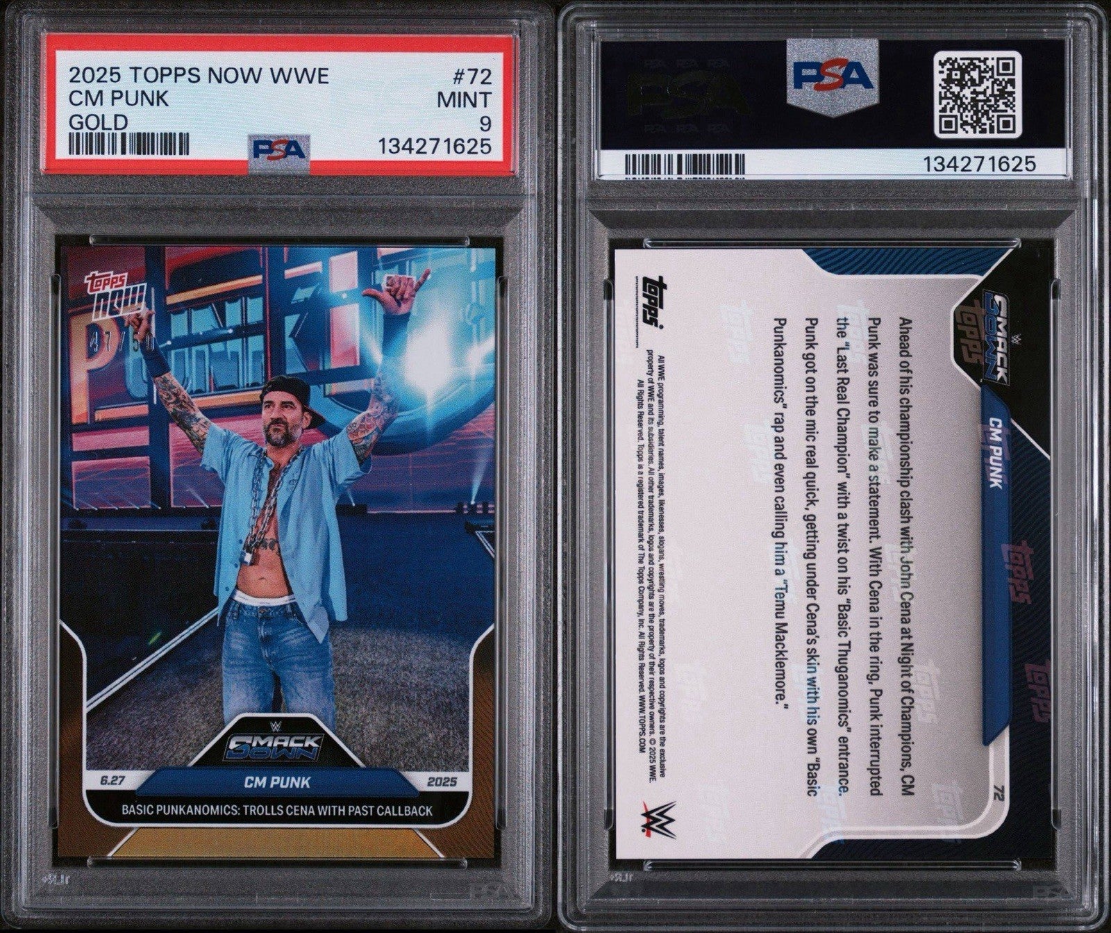 CM Punk 2025 Topps Now WWE Gold FOIL BASIC PUNKANOMICS TROLLS CENA #72 /50 PSA 9