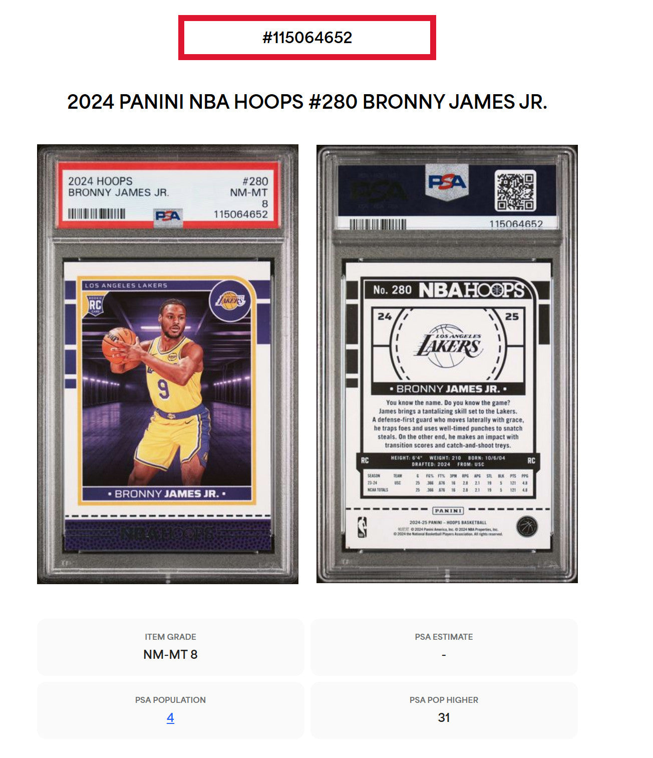 2024-25 PANINI HOOPS #280 BRONNY JAMES JR LAKERS RC PSA 8 POP 4