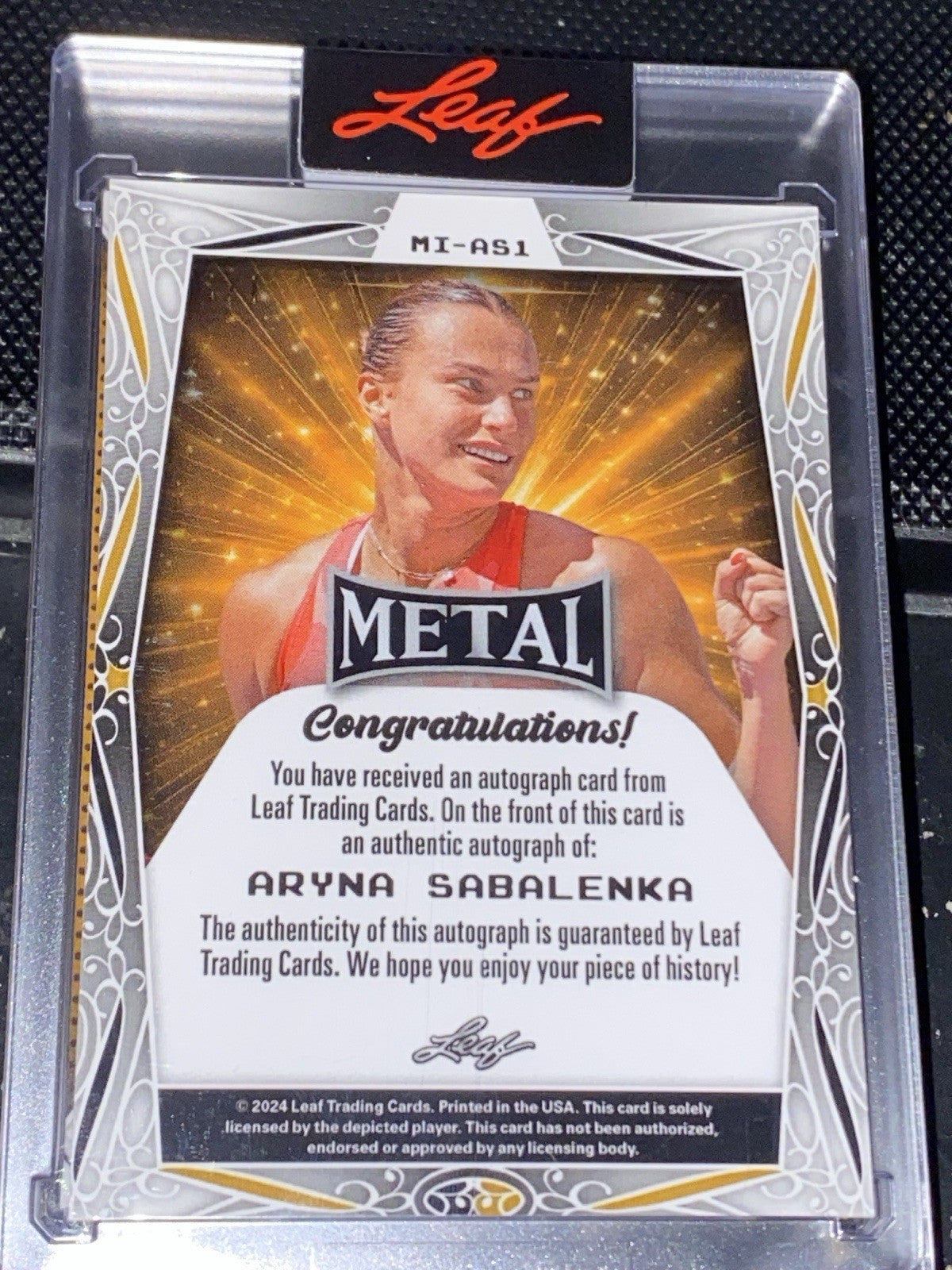 2025 LEAF Metal Authentics Aryna Sabalenka True Gold Prismatic On Card Auto 1/1