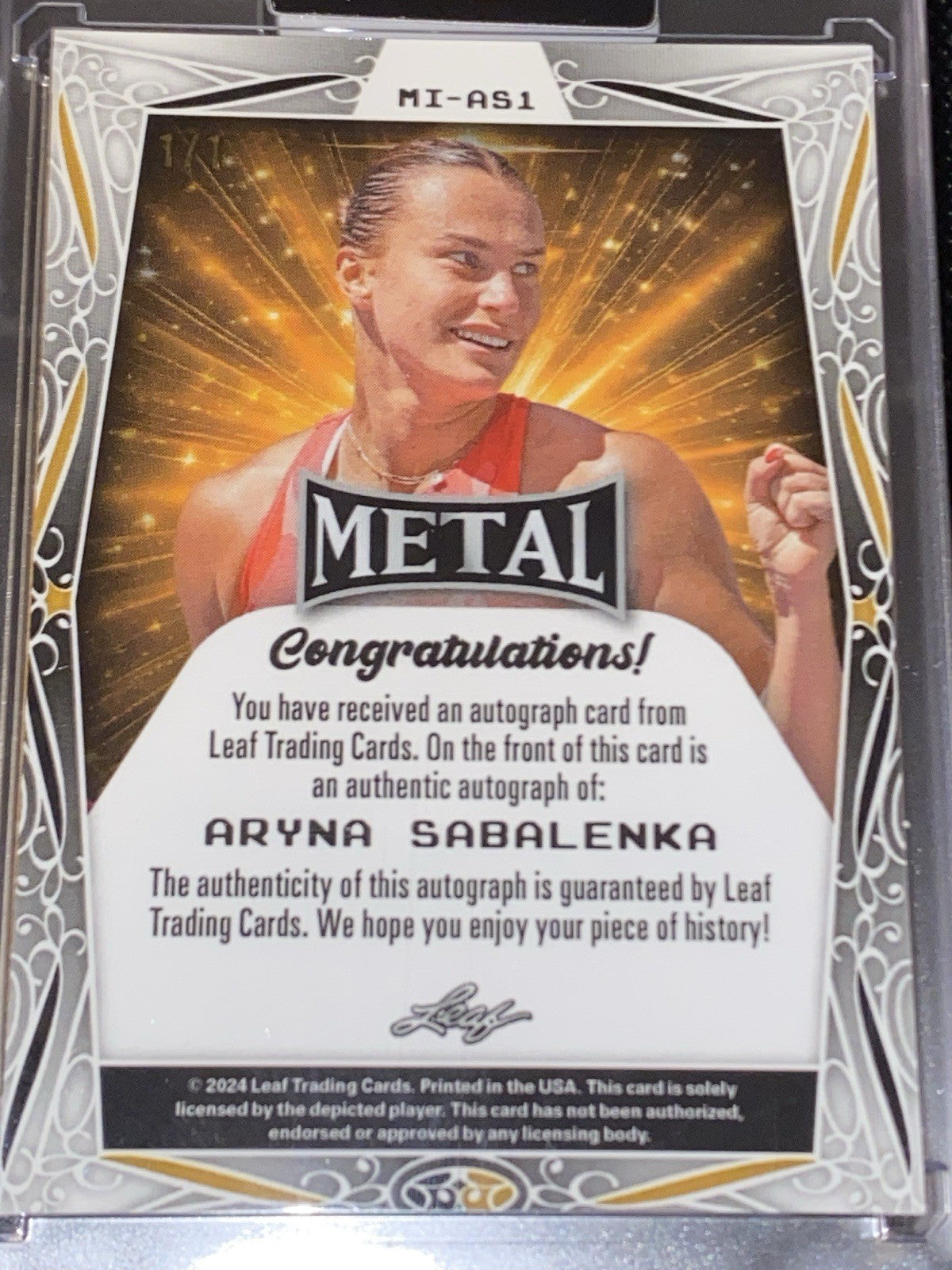 2025 LEAF Metal Authentics Aryna Sabalenka True Gold Prismatic On Card Auto 1/1